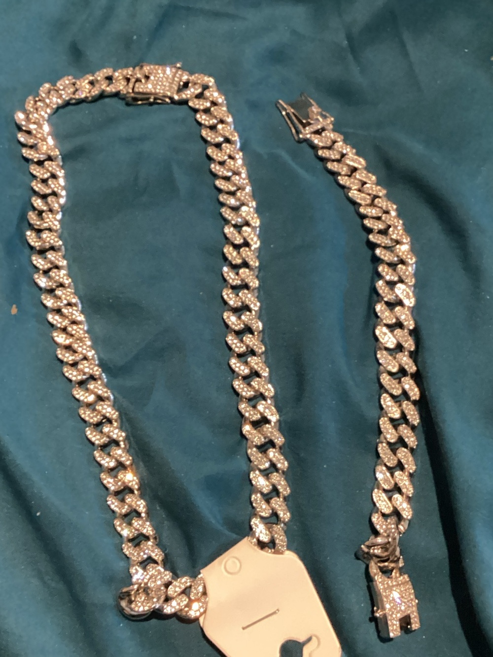 Woman’s Diamond Pave Cuban Link Necklace and Bracelet in Silver Tone